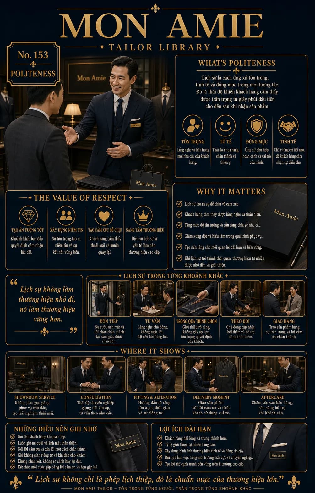 Poster Tailor Library số 153 của Mon Amie về Politeness: sự lịch sự trong ứng xử với khách hàng tại nhà may