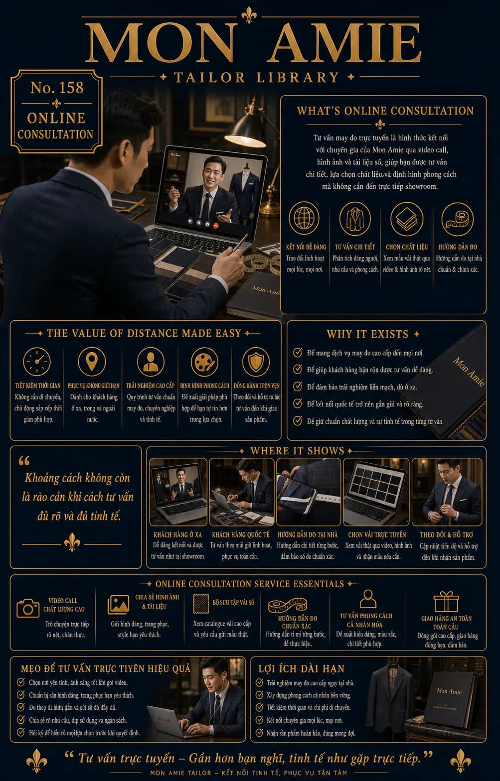 Poster Tailor Library số 158 của Mon Amie về Online Consultation: tư vấn may đo trực tuyến qua video call