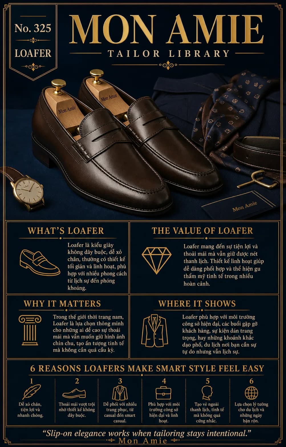 Poster Tailor Library số 325 của Mon Amie về Loafer: đôi giày lười da nâu đặt cạnh cà vạt, thắt lưng và đồng hồ