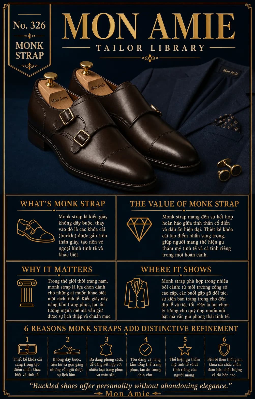 Poster Tailor Library số 326 của Mon Amie về Monk Strap: đôi giày double monk da nâu khóa vàng bên áo vest navy và khuy măng sét
