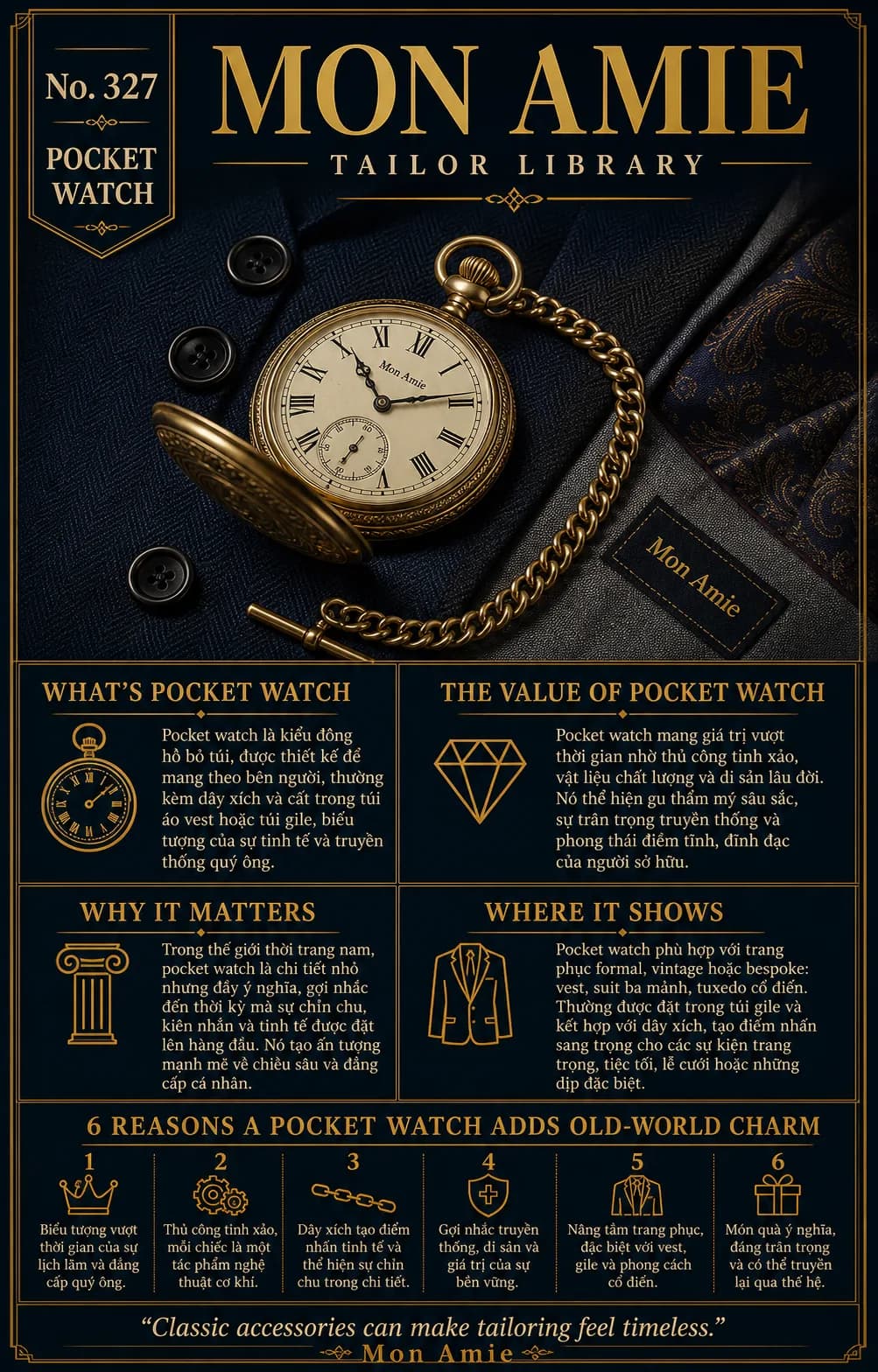 Poster Tailor Library số 327 của Mon Amie về Pocket Watch: đồng hồ bỏ túi mặt số La Mã dây xích vàng đặt trên áo vest navy