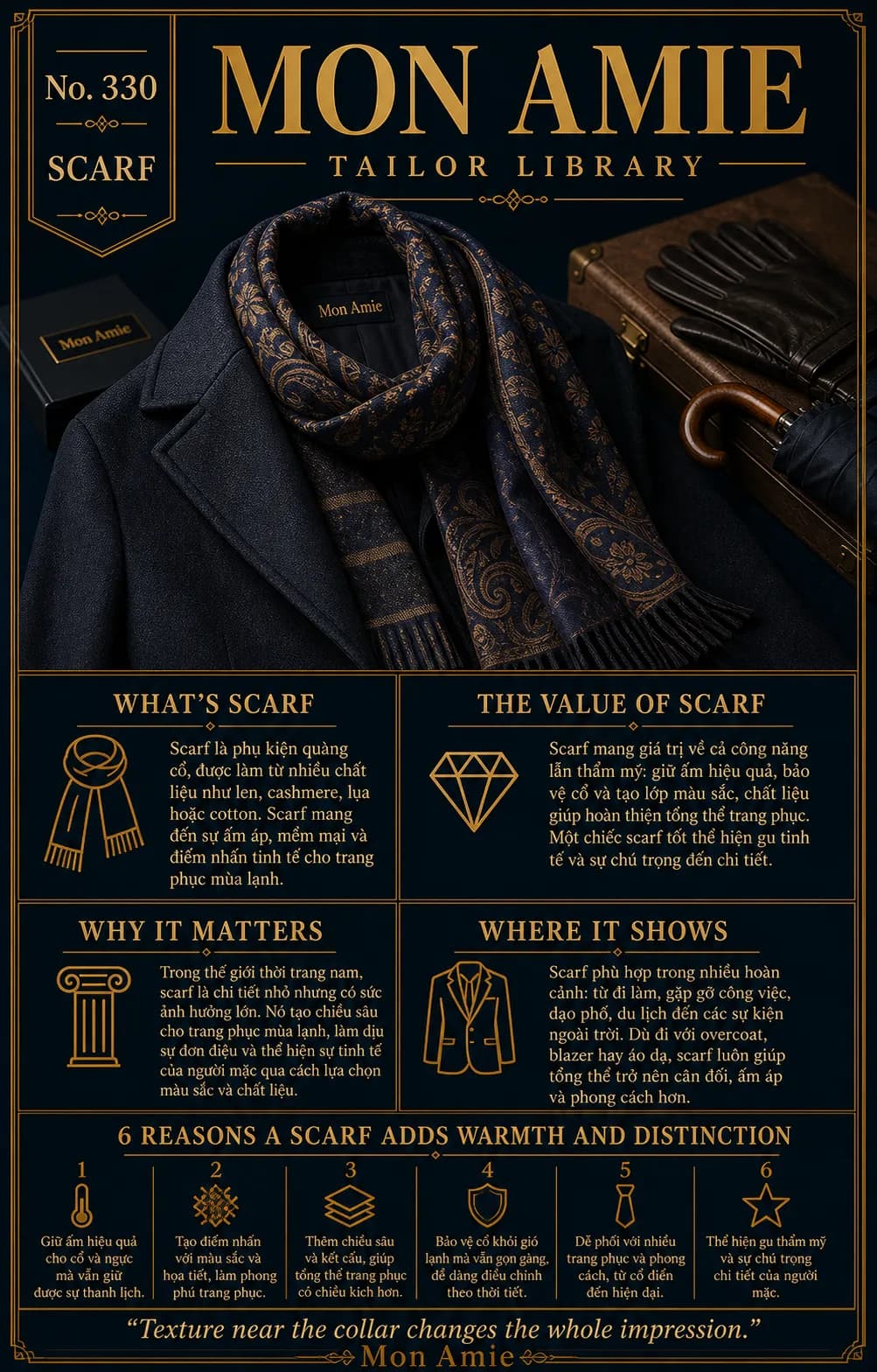 Poster Tailor Library số 330 của Mon Amie về scarf: khăn quàng cổ họa tiết paisley trên áo khoác dạ navy cùng găng tay da và ô gỗ