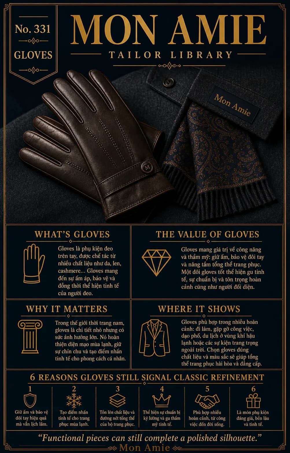 Poster Tailor Library số 331 của Mon Amie về gloves: đôi găng tay da nâu đặt trên áo khoác dạ cùng khăn paisley