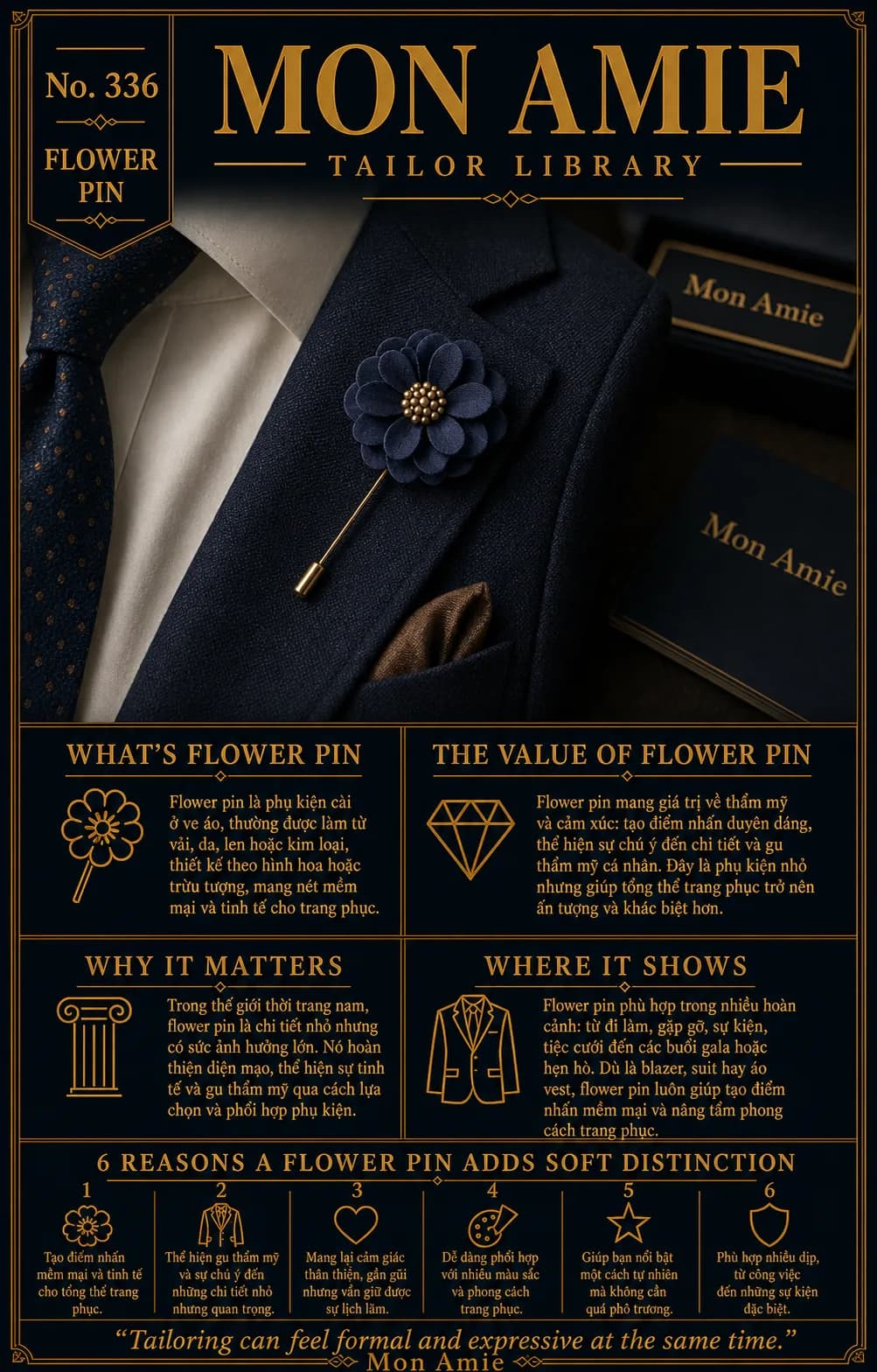 Poster Tailor Library số 336 của Mon Amie về flower pin: ghim hoa vải xanh navy cài trên ve áo suit