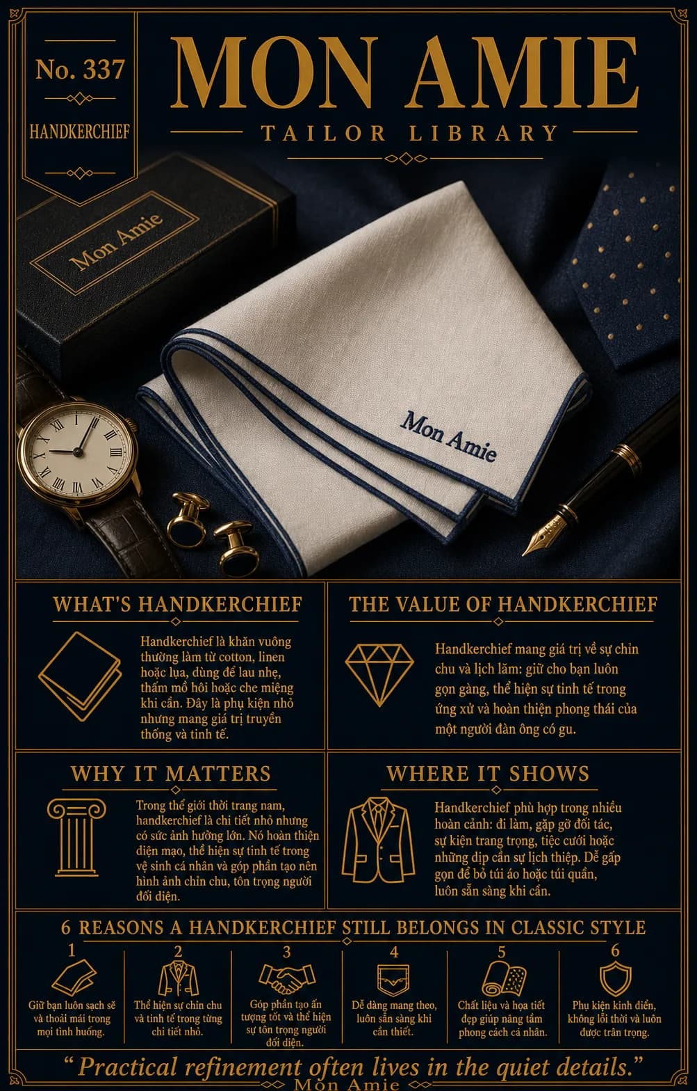 Poster Tailor Library số 337 của Mon Amie về handkerchief: khăn tay trắng viền navy thêu chữ Mon Amie bên đồng hồ và khuy măng sét