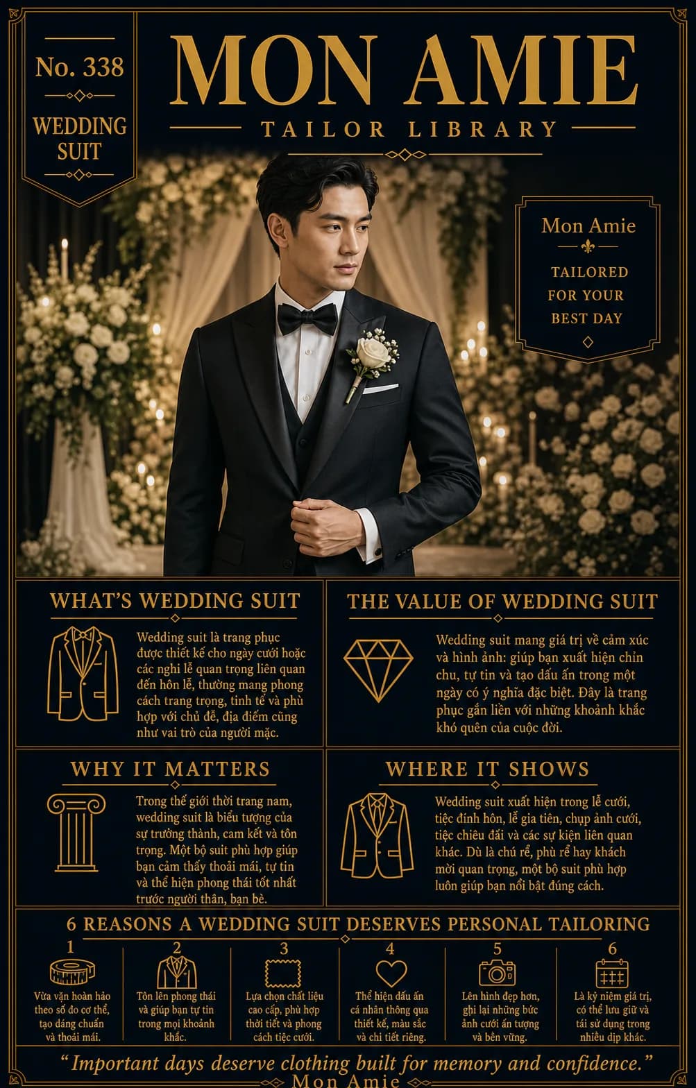 Poster Tailor Library số 338 của Mon Amie về wedding suit: chú rể mặc tuxedo đen cài hoa trắng giữa không gian tiệc cưới ánh nến