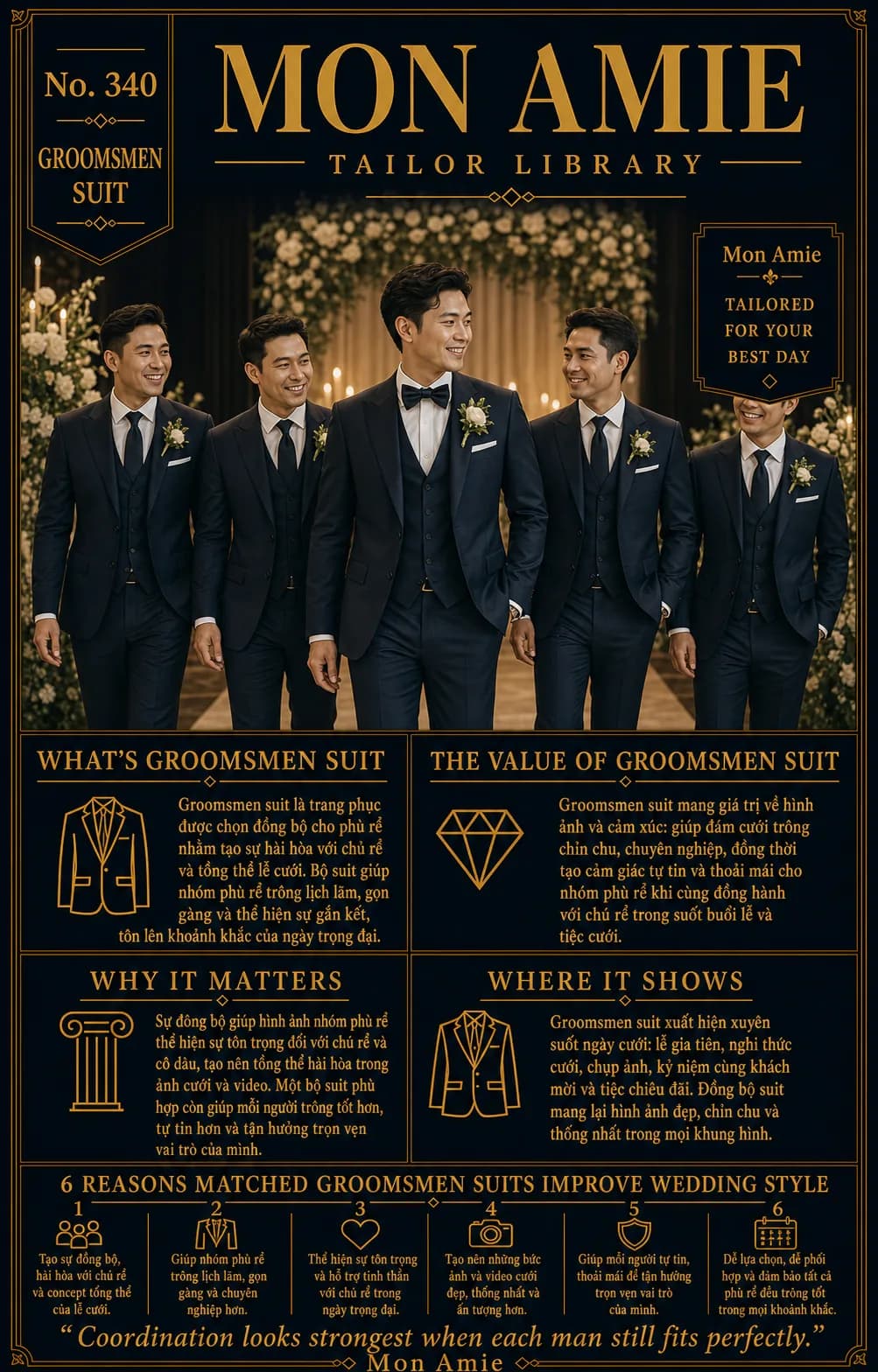 Poster Tailor Library số 340 của Mon Amie về Groomsmen Suit: nhóm phù rể mặc suit navy đồng bộ bên chú rể trong lễ cưới