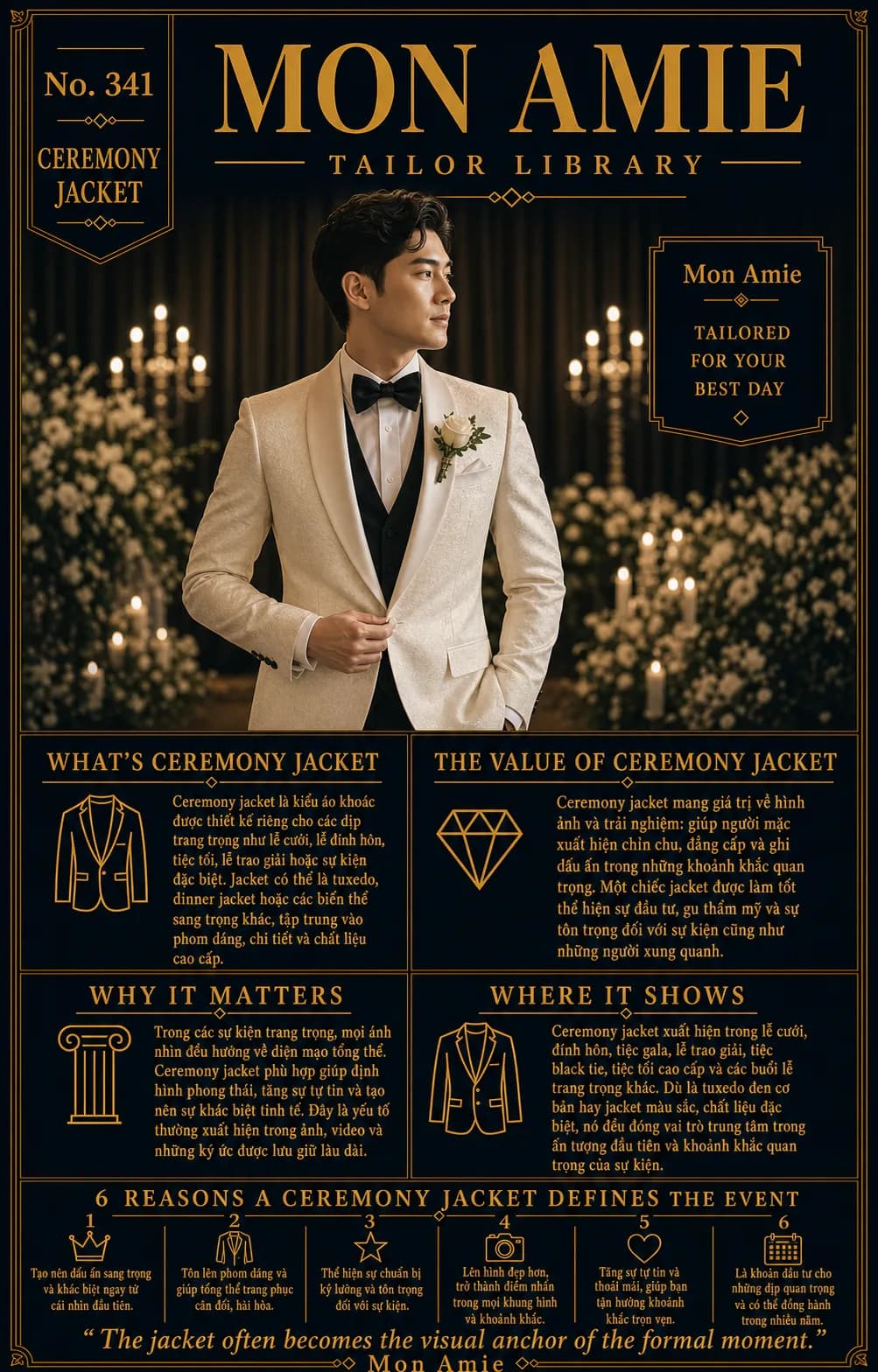Poster Tailor Library số 341 của Mon Amie về Ceremony Jacket: chú rể mặc jacket trắng ngà ve sam với nơ đen giữa lễ đường nến hoa