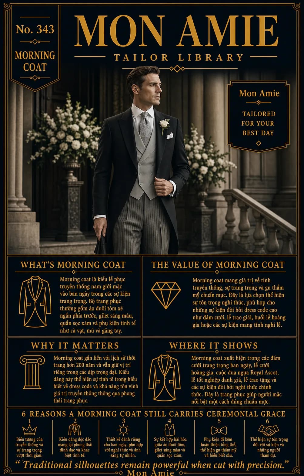 Poster Tailor Library số 343 của Mon Amie về Morning Coat: quý ông mặc áo đuôi tôm đen, gilet xám và quần sọc trước lâu đài cổ