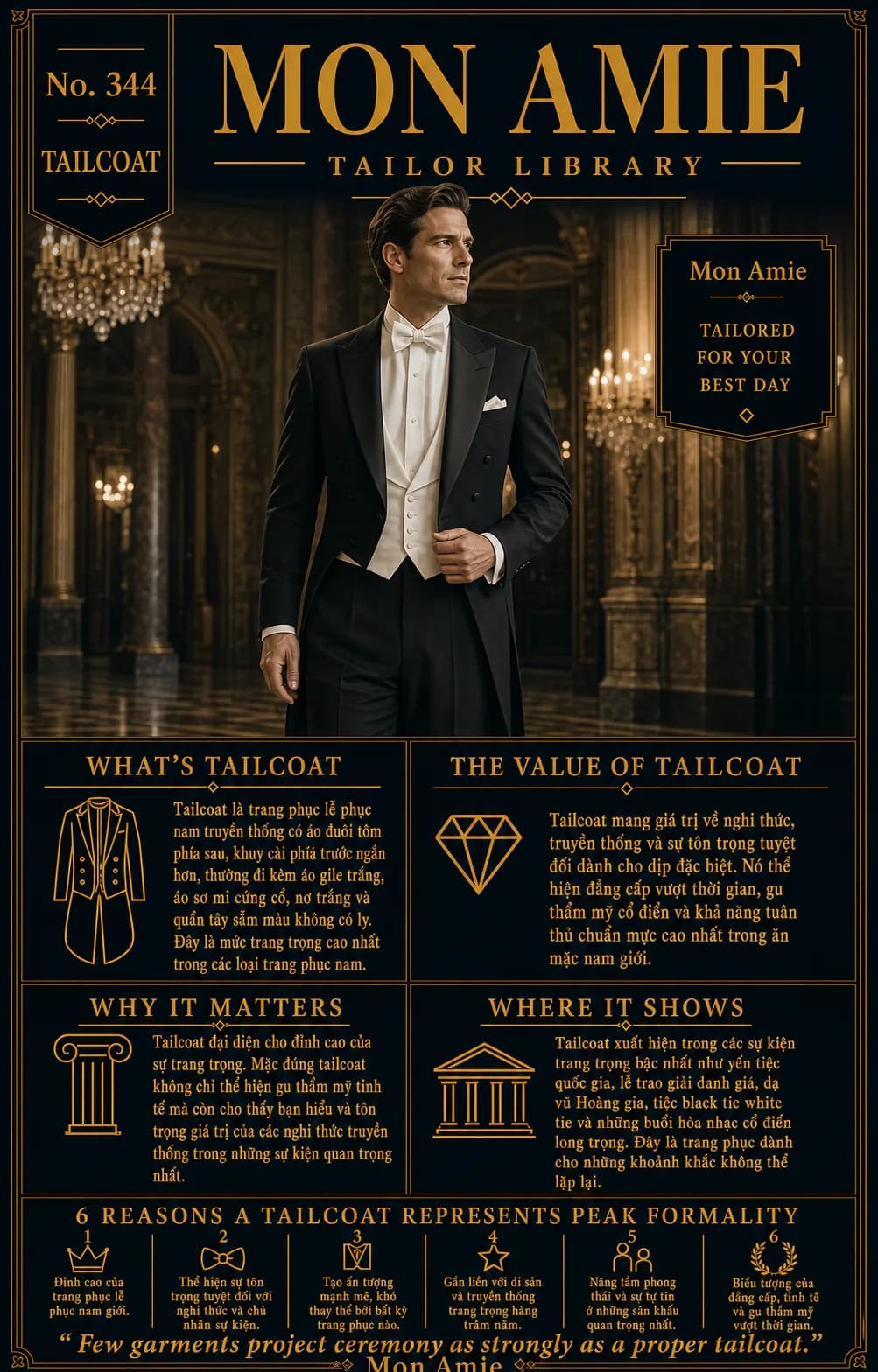 Poster Tailor Library số 344 của Mon Amie về Tailcoat: quý ông mặc lễ phục đuôi tôm đen, gile và nơ trắng trong đại sảnh cung điện