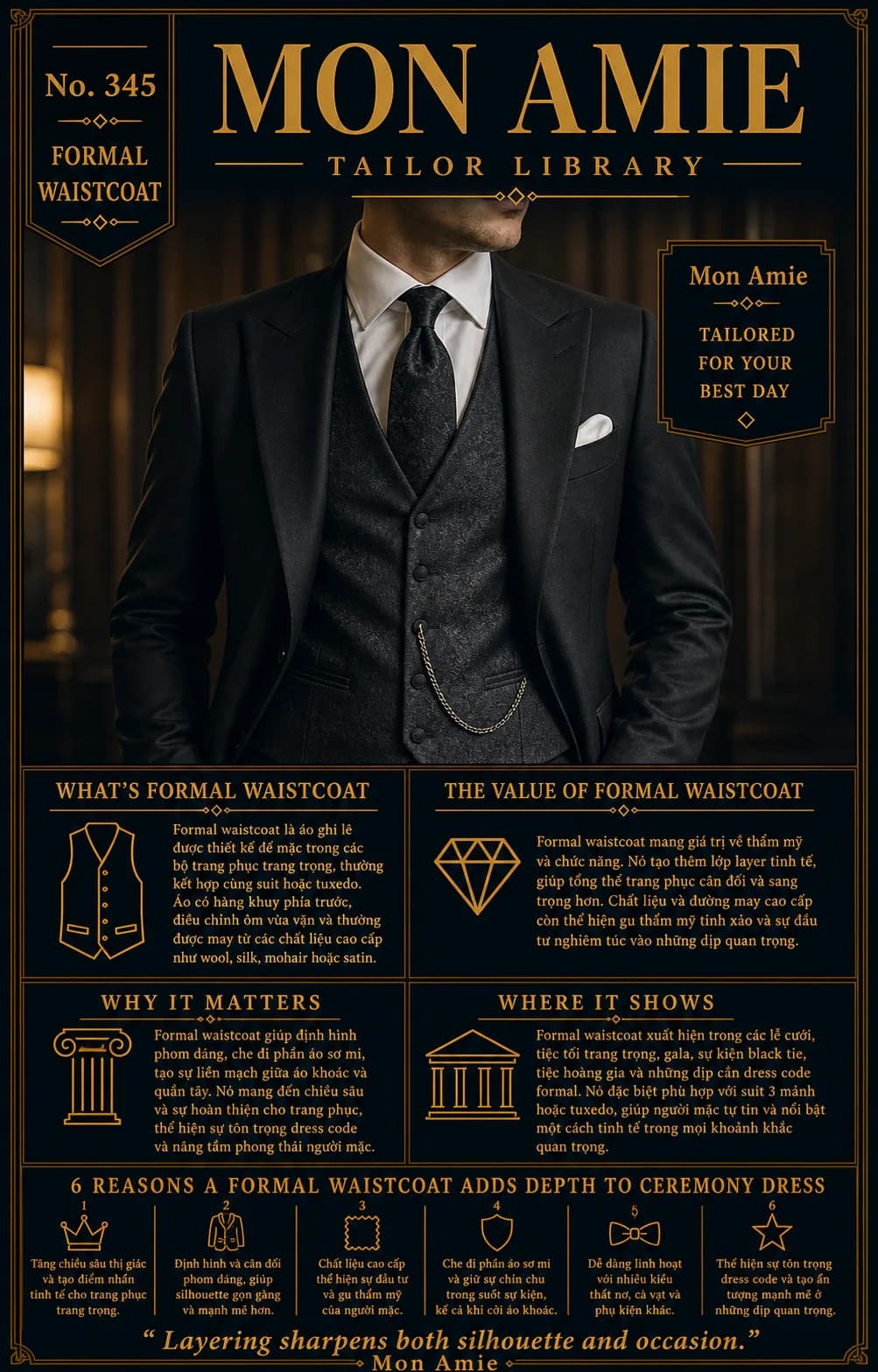 Poster Tailor Library số 345 của Mon Amie về formal waistcoat: quý ông mặc suit ba mảnh với áo ghi lê hoa văn và dây đồng hồ bỏ túi