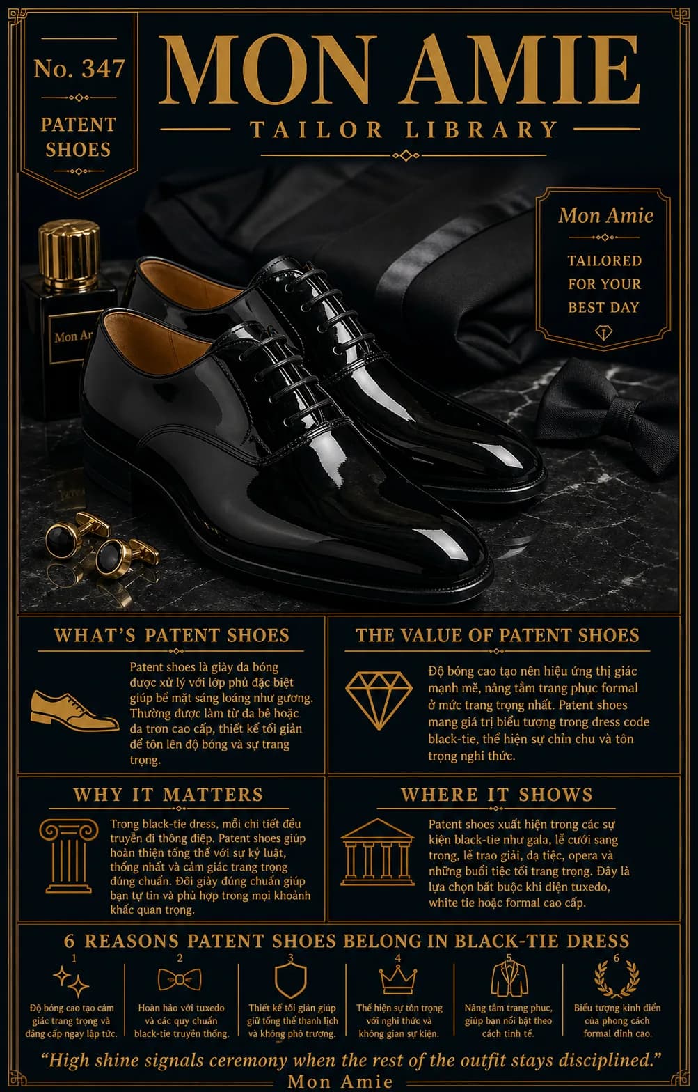 Poster Tailor Library số 347 của Mon Amie về patent shoes: đôi giày da bóng gương đặt cạnh nơ đen và khuy măng sét trên nền đá cẩm thạch