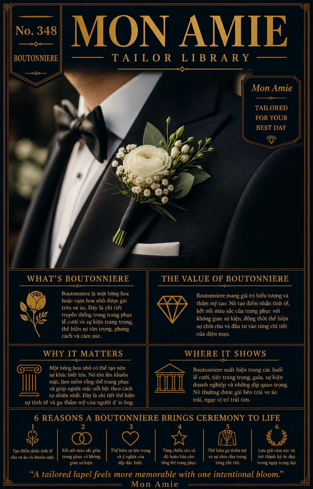 Poster Tailor Library số 348 của Mon Amie về boutonniere: hoa hồng trắng cài trên ve tuxedo đen của chú rể