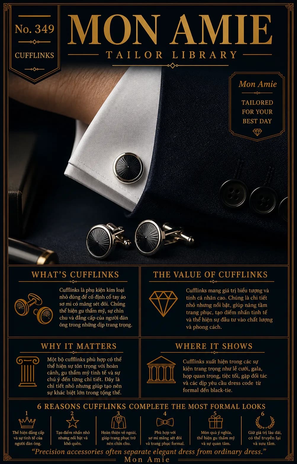 Poster Tailor Library số 349 của Mon Amie về cufflinks: khuy măng sét tròn mặt guilloche trên cổ tay sơ mi trắng măng sét đôi