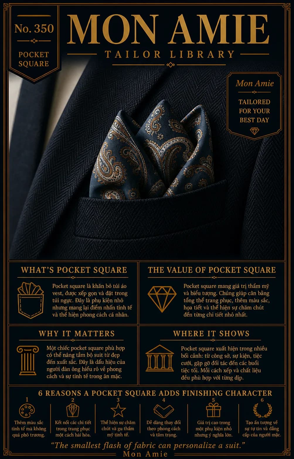 Poster Tailor Library số 350 của Mon Amie về pocket square: khăn túi ngực paisley xanh navy cài trên áo vest herringbone