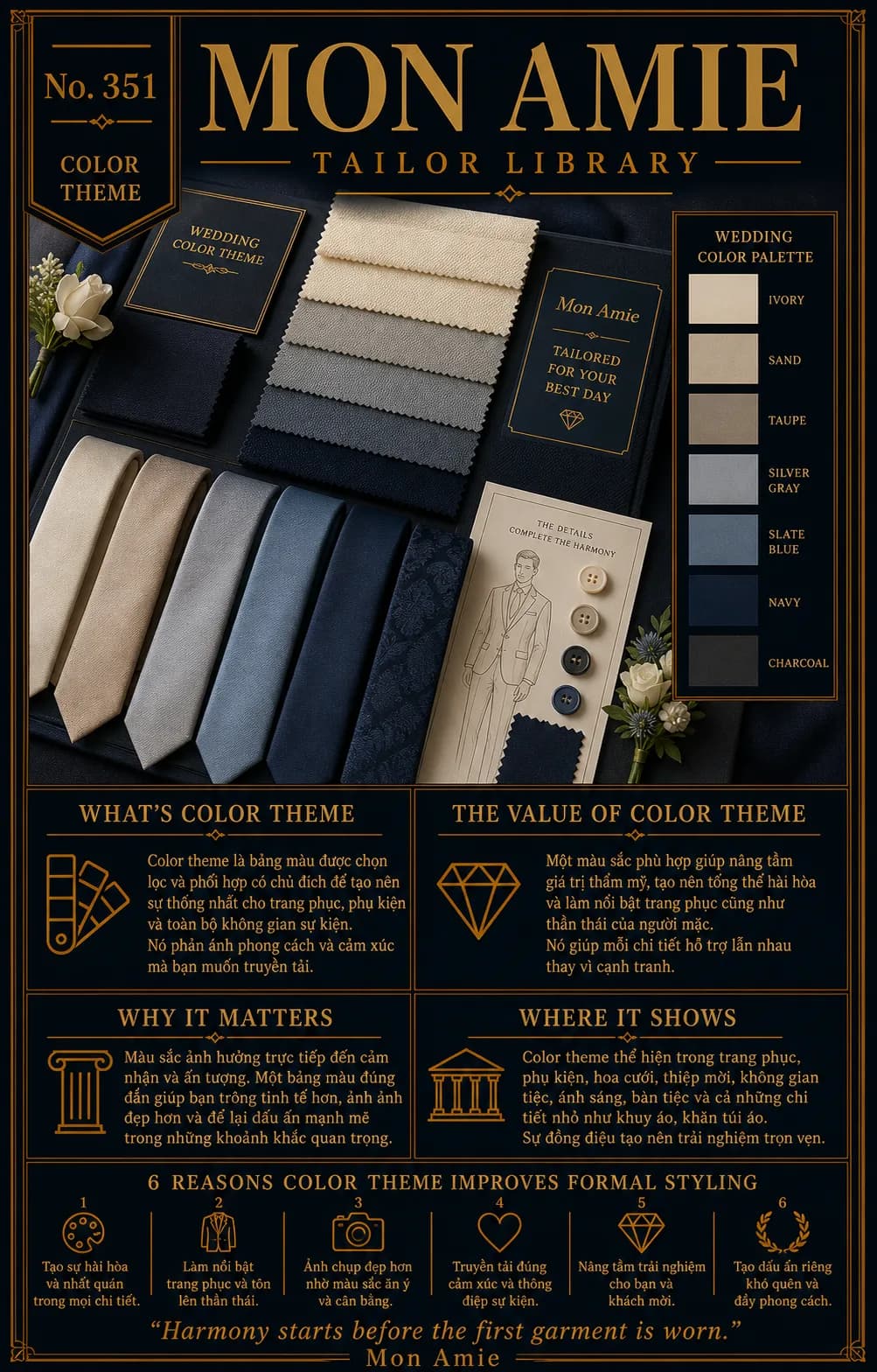 Poster Tailor Library số 351 của Mon Amie về color theme: bảng vải, cà vạt và bảng màu cưới từ ivory tới navy, charcoal