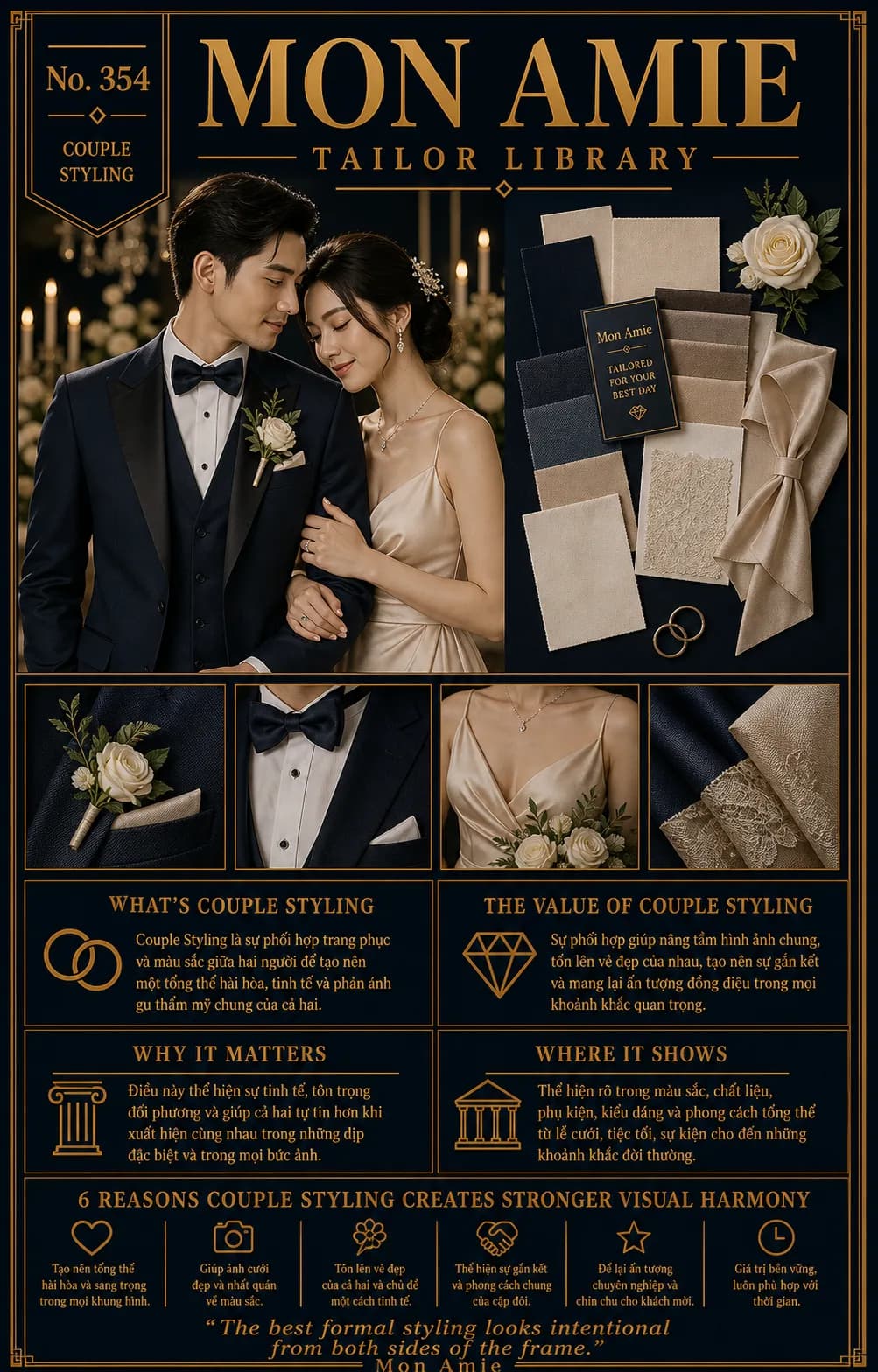 Poster Tailor Library số 354 của Mon Amie về couple styling: chú rể tuxedo navy bên cô dâu váy satin champagne cùng bảng vải
