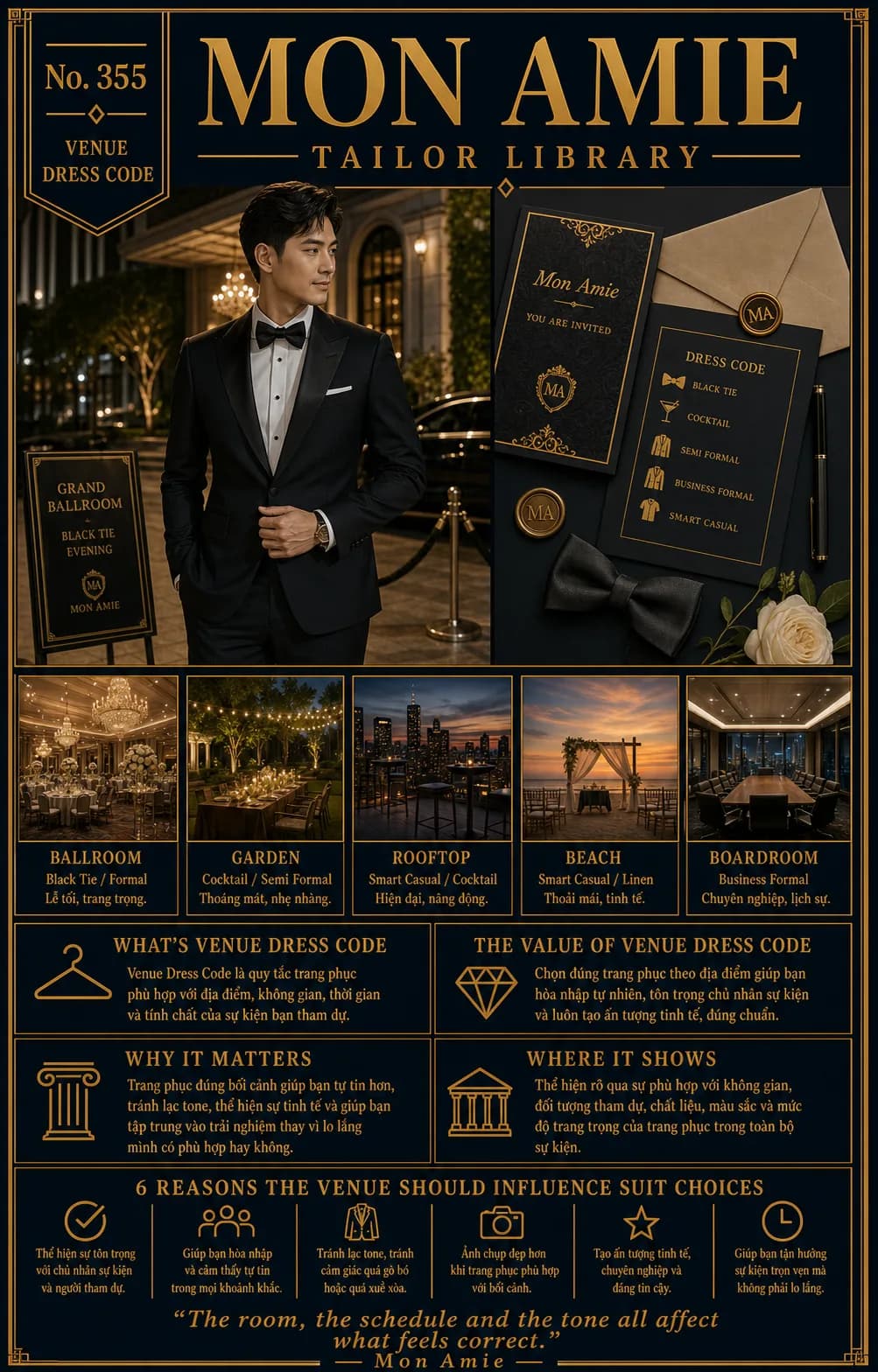 Poster Tailor Library số 355 của Mon Amie về venue dress code: quý ông mặc tuxedo trước sảnh ballroom cùng thiệp mời ghi các cấp độ dress code