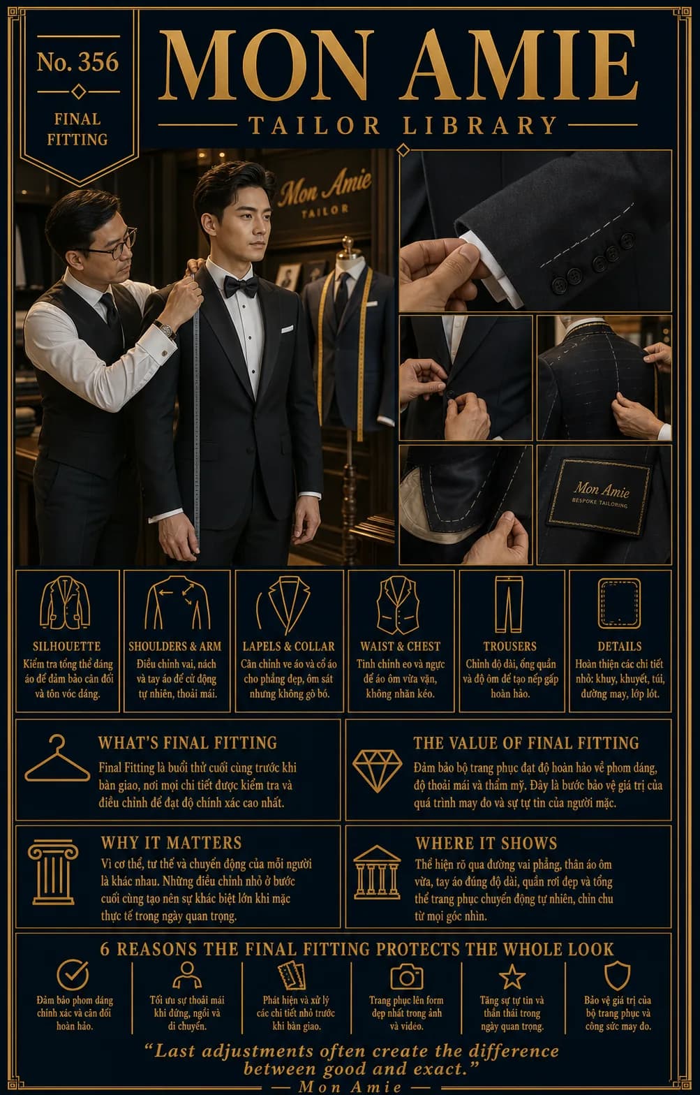 Poster Tailor Library số 356 của Mon Amie về final fitting: nghệ nhân đo chỉnh tuxedo cho khách cùng các ảnh cận cảnh tay áo, khuy và lớp lót
