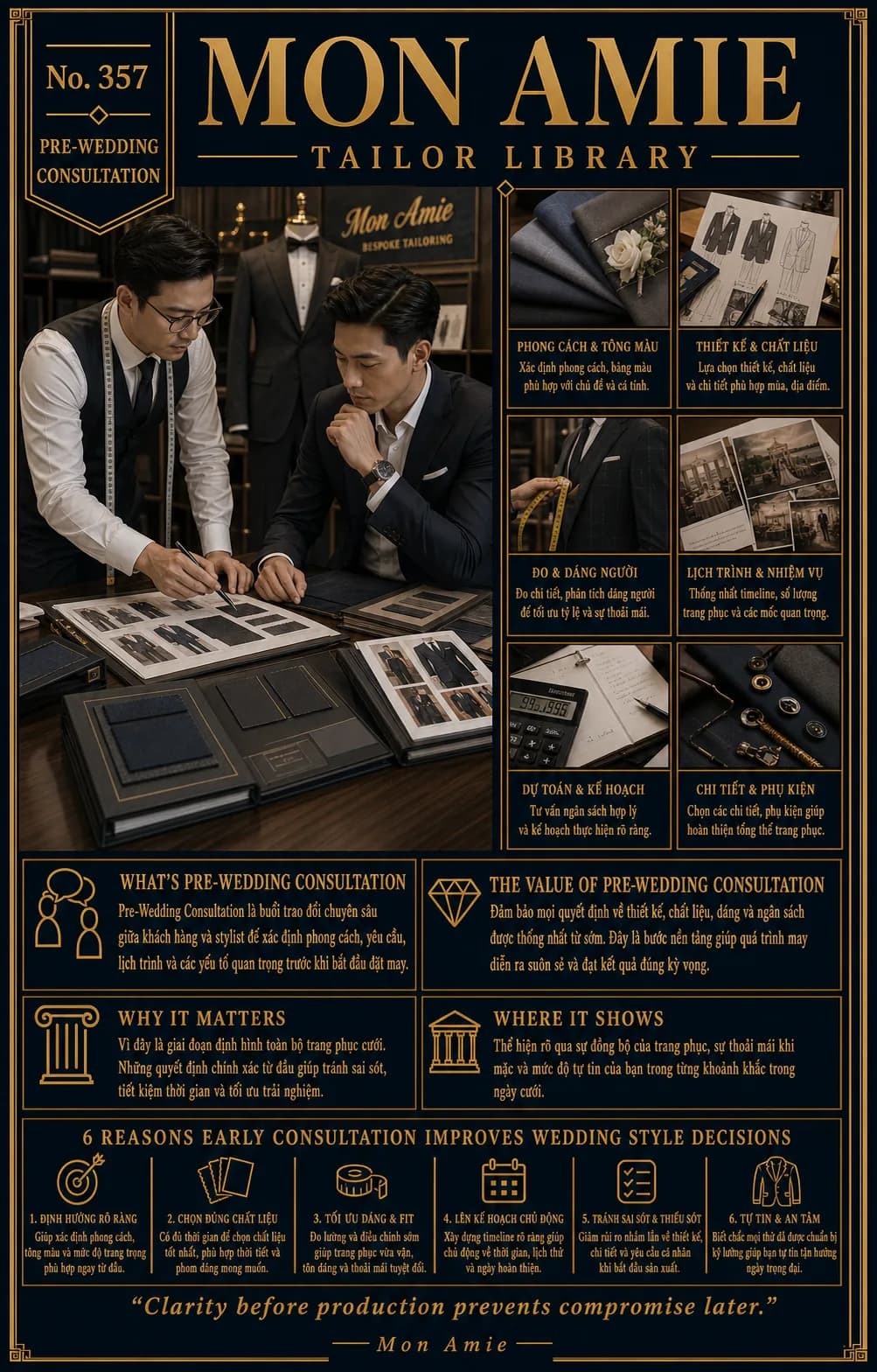 Poster Tailor Library số 357 của Mon Amie về pre-wedding consultation: stylist cùng chú rể chọn mẫu vải và thiết kế vest cưới bên bàn tư vấn