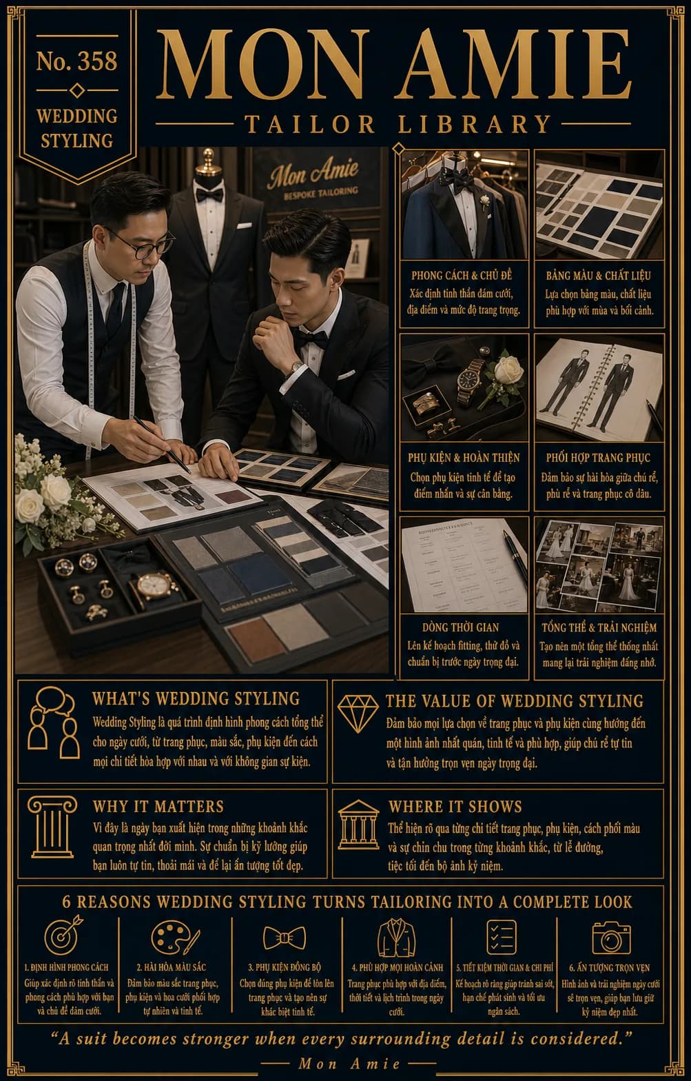 Poster Tailor Library số 358 của Mon Amie về wedding styling: chú rể cùng stylist chọn bảng vải, phụ kiện và phác thảo phối hợp trang phục cưới