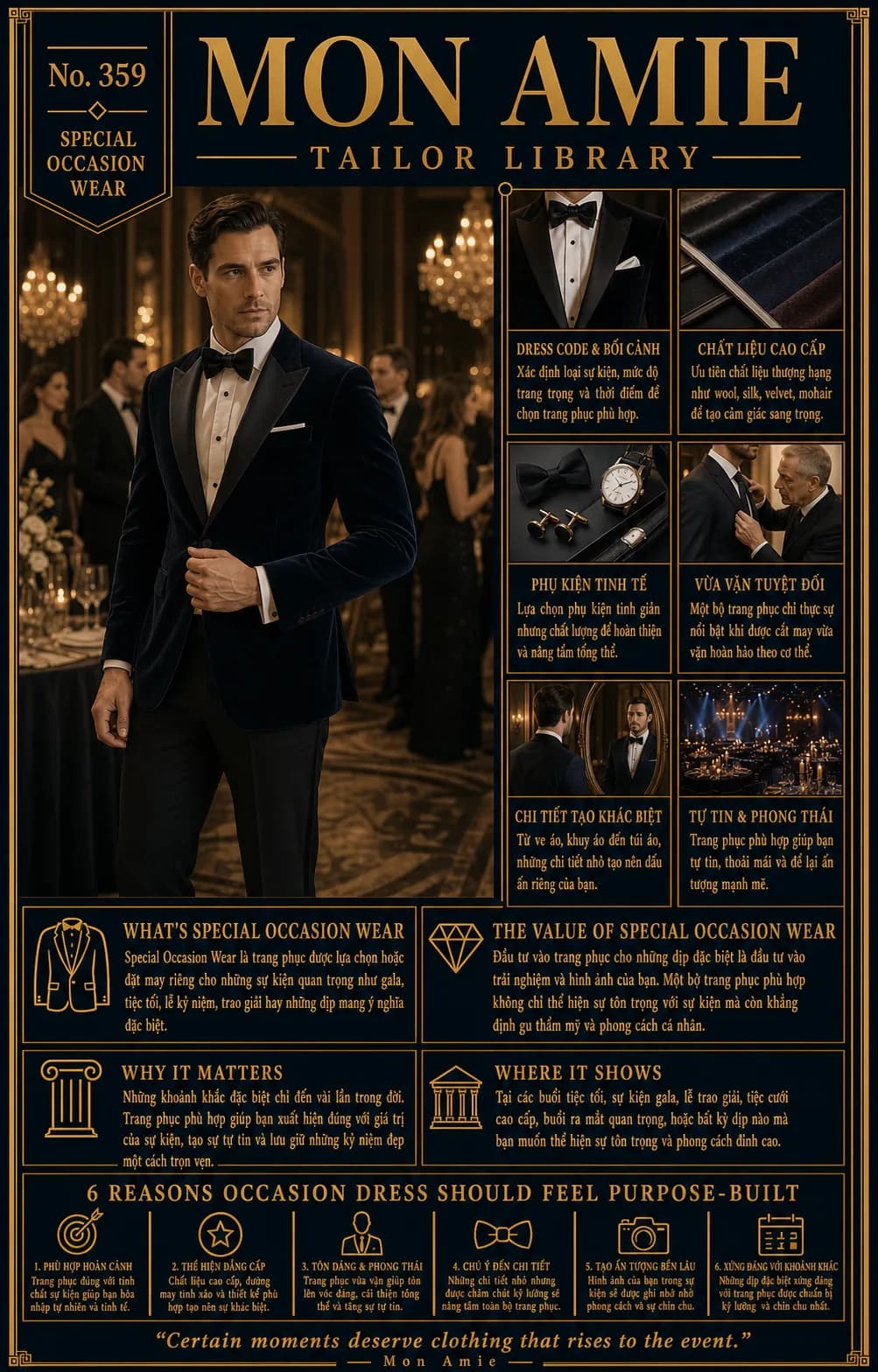 Poster Tailor Library số 359 của Mon Amie về special occasion wear: quý ông mặc tuxedo nhung xanh giữa dạ tiệc cùng phụ kiện nơ, đồng hồ, khuy măng sét