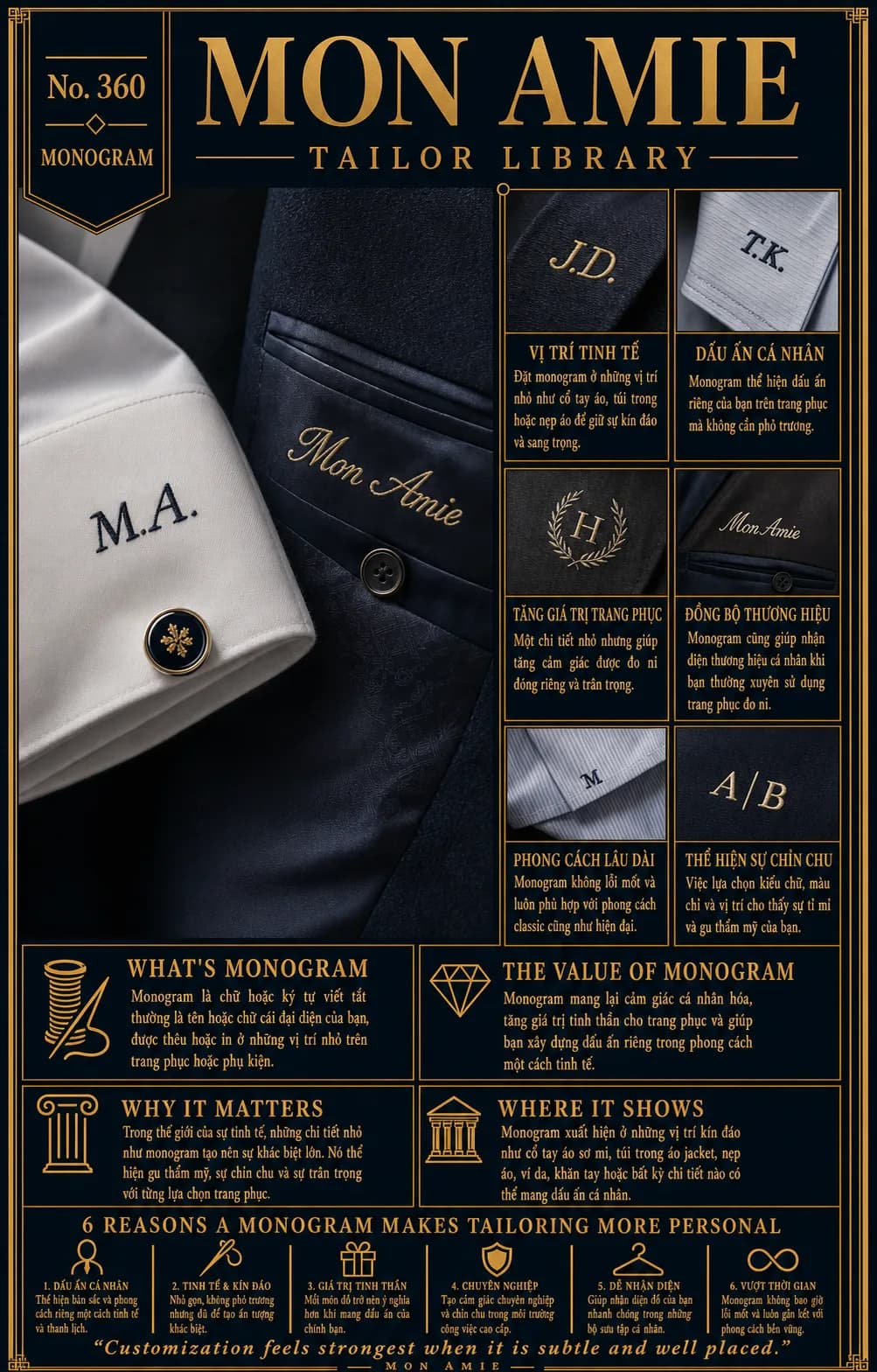 Poster Tailor Library số 360 của Mon Amie về monogram: chữ thêu M.A. trên cổ tay sơ mi và chữ Mon Amie thêu trong lót áo vest