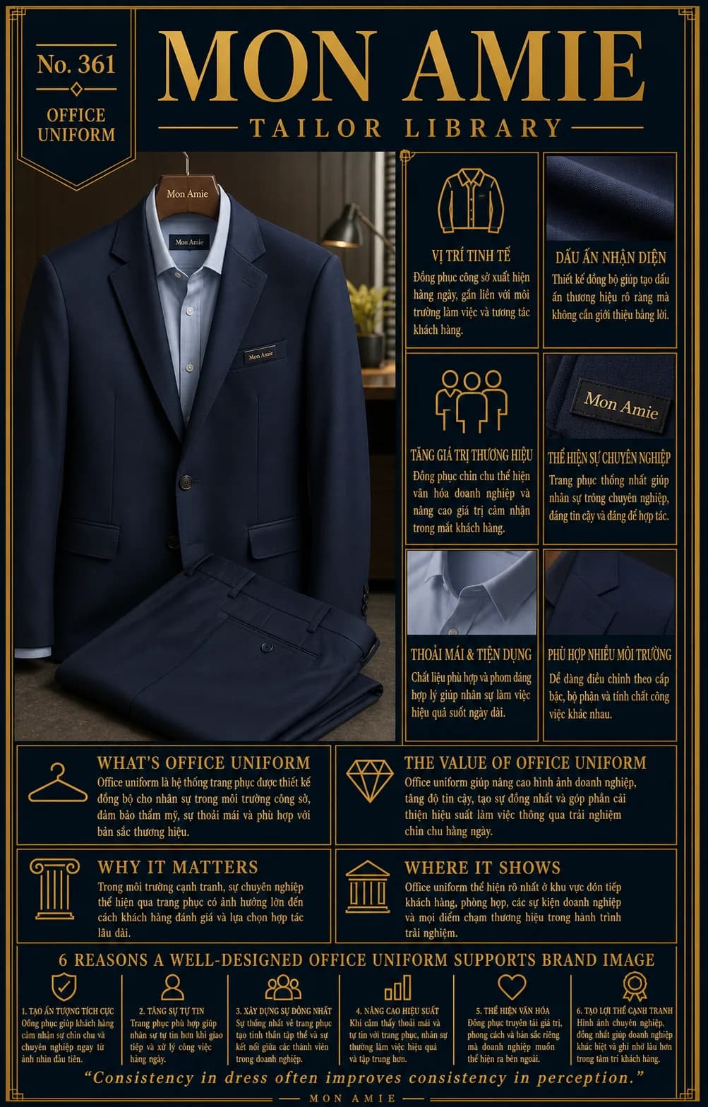Poster Tailor Library số 361 của Mon Amie về office uniform: bộ vest navy đồng phục công sở treo trên móc gỗ Mon Amie