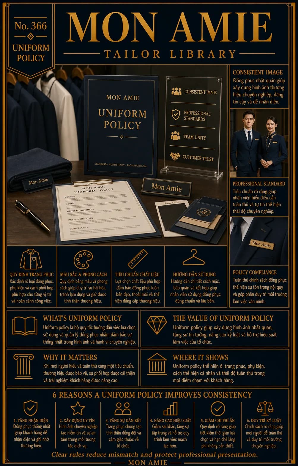 Poster Tailor Library số 366 của Mon Amie về uniform policy: cuốn sổ chính sách đồng phục cùng mẫu vải và bảng quy định