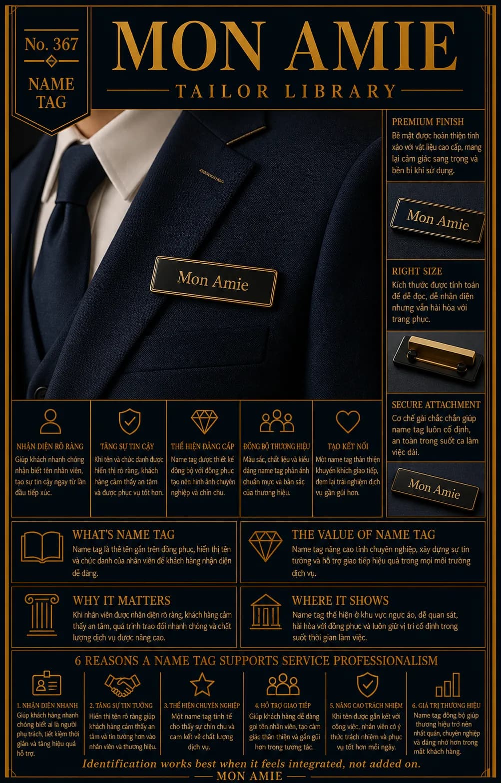 Poster Tailor Library số 367 của Mon Amie về name tag: thẻ tên kim loại mạ vàng gắn trên ve áo suit navy