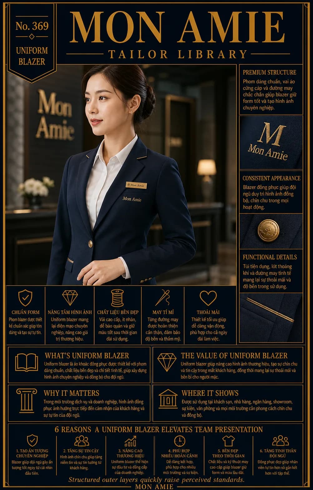 Poster Tailor Library số 369 của Mon Amie về uniform blazer: nữ nhân viên lễ tân mặc blazer navy có logo thêu và thẻ tên