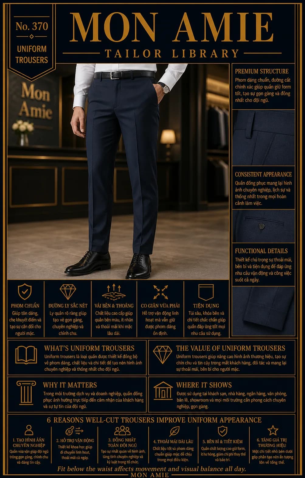Poster Tailor Library số 370 của Mon Amie về uniform trousers: quần đồng phục navy chuẩn phom cùng các tiêu chí phom chuẩn, đường ly, chất liệu
