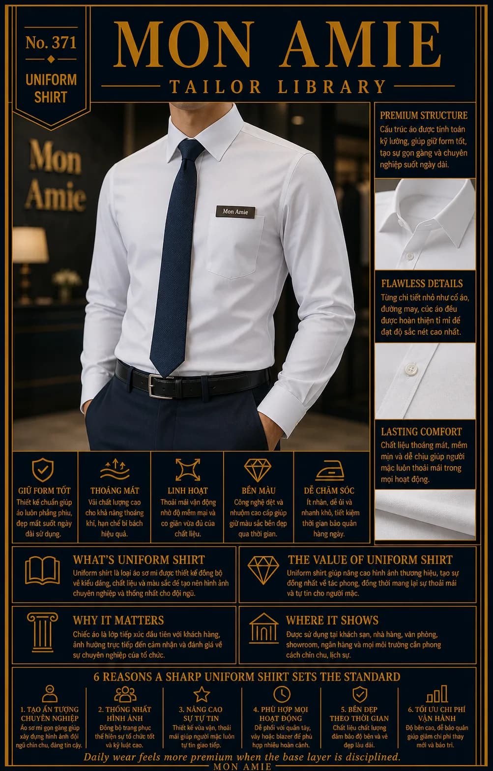 Poster Tailor Library số 371 của Mon Amie về uniform shirt: áo sơ mi trắng đồng phục cùng cà vạt navy và các tiêu chí giữ form, thoáng mát, bền màu