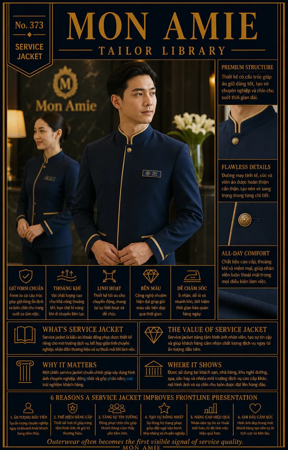 Poster Tailor Library số 373 của Mon Amie về service jacket: áo khoác đồng phục navy cổ trụ viền vàng cho nhân viên dịch vụ khách sạn
