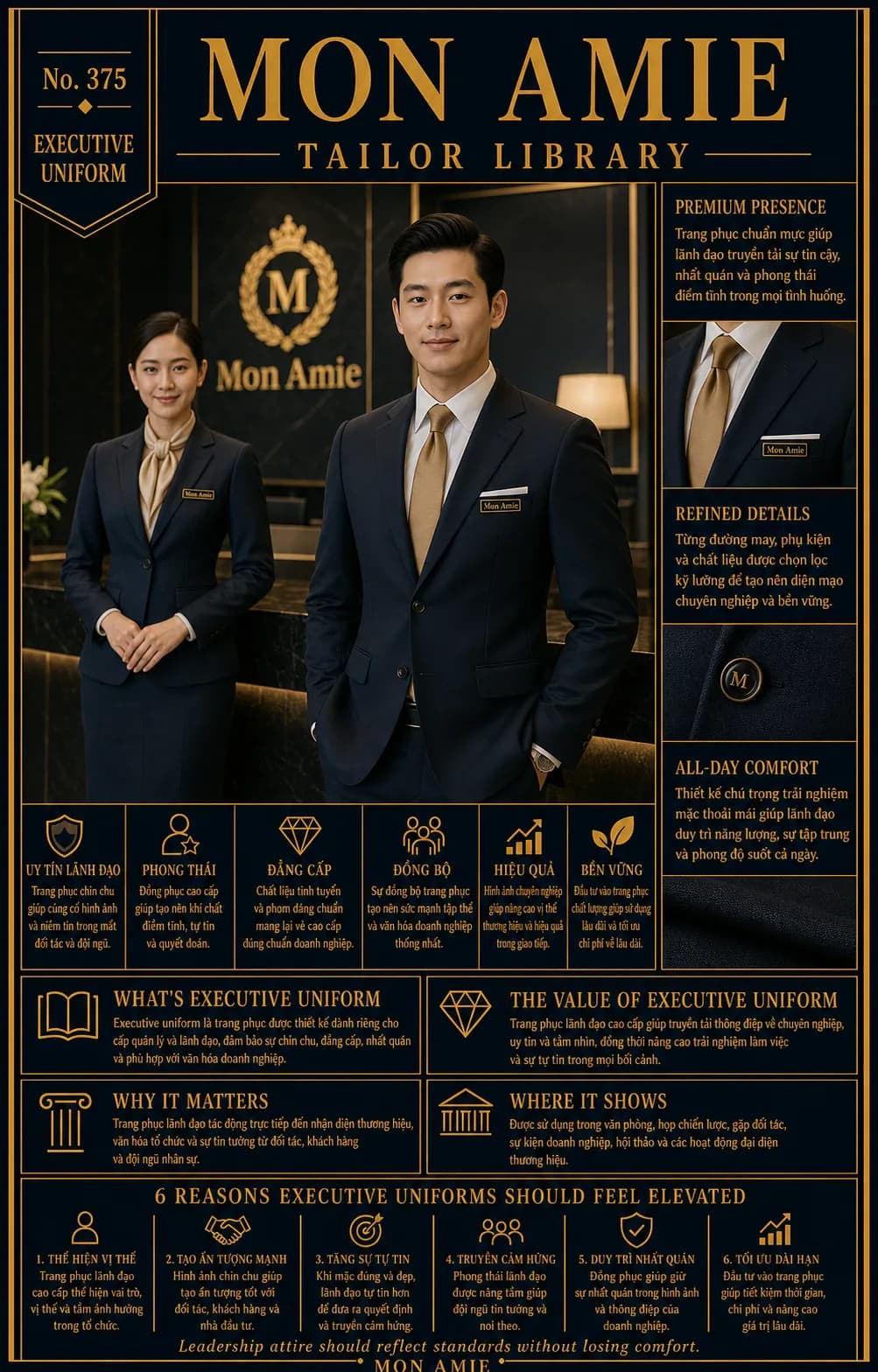 Poster Tailor Library số 375 của Mon Amie về Executive Uniform: hai lãnh đạo mặc suit navy trước quầy lễ tân sang trọng