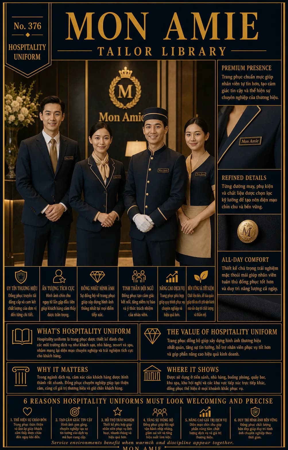 Poster Tailor Library số 376 của Mon Amie về Hospitality Uniform: đội ngũ nhân viên khách sạn trong đồng phục navy viền vàng