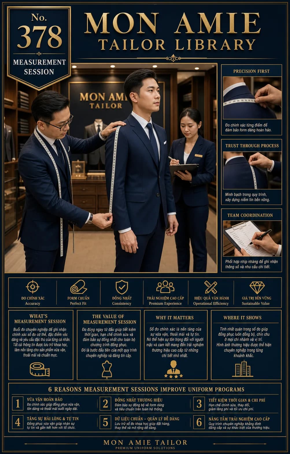 Poster Tailor Library số 378 của Mon Amie về Measurement Session: nghệ nhân đo vai khách trong khi trợ lý ghi thông số