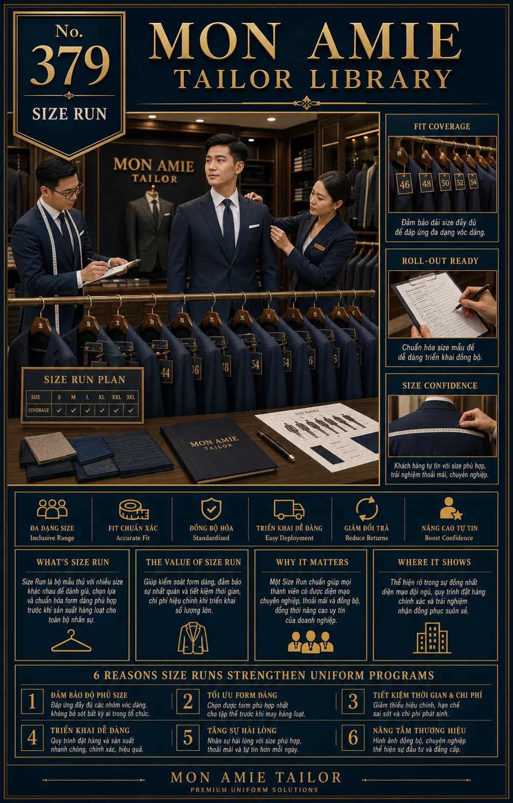 Poster Tailor Library số 379 của Mon Amie về Size Run: dãy áo vest navy gắn thẻ size trên giá cùng bảng kế hoạch size