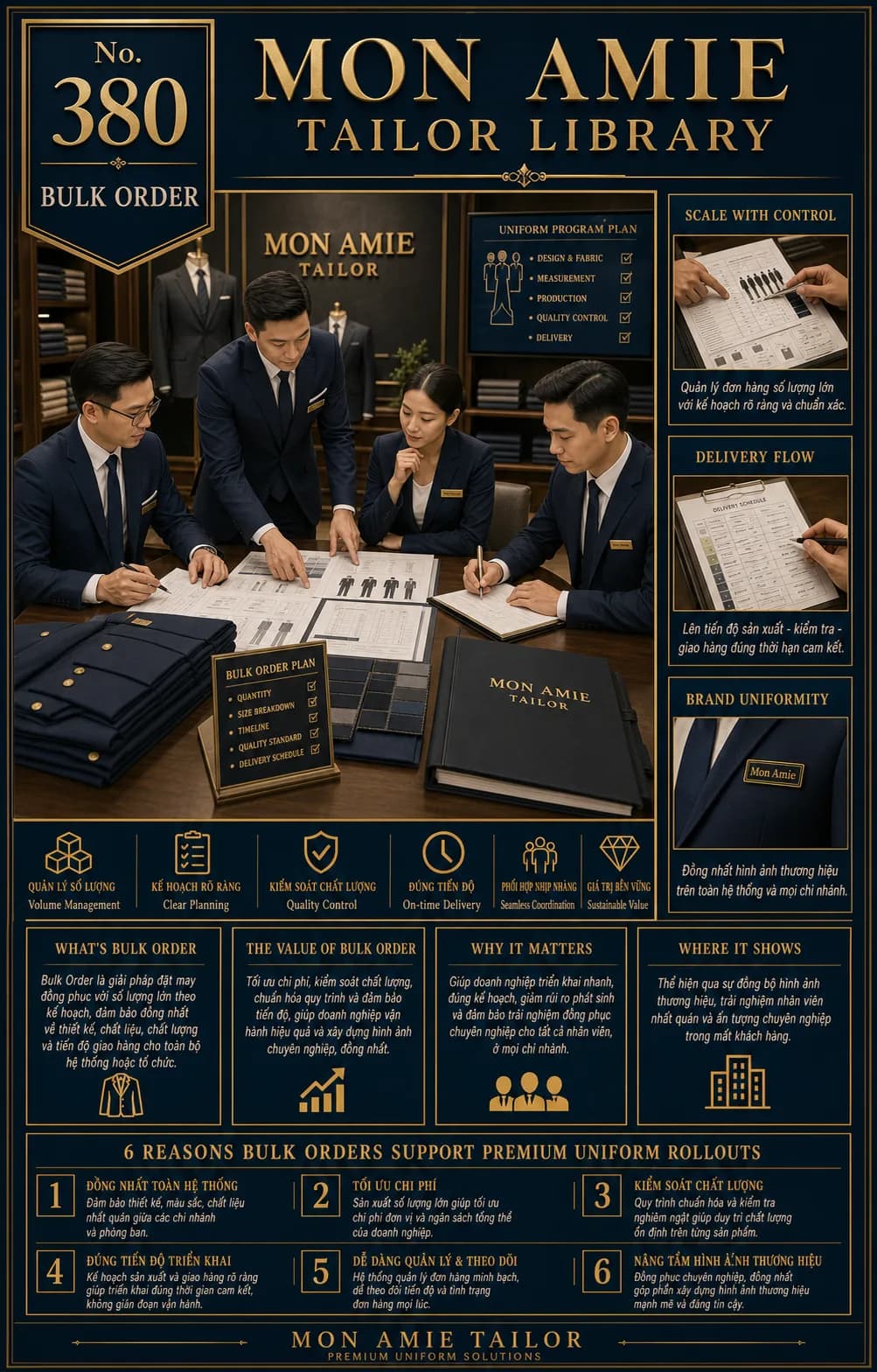 Poster Tailor Library số 380 của Mon Amie về Bulk Order: đội ngũ tư vấn lên kế hoạch đặt may đồng phục số lượng lớn