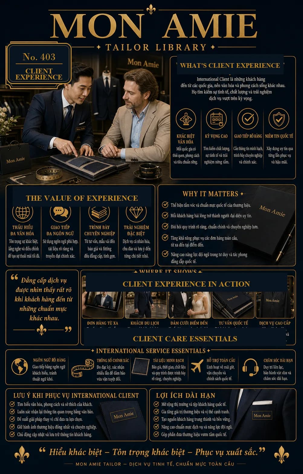 Poster Tailor Library số 403 của Mon Amie về client experience: nhân viên tư vấn sổ vải cho khách quốc tế