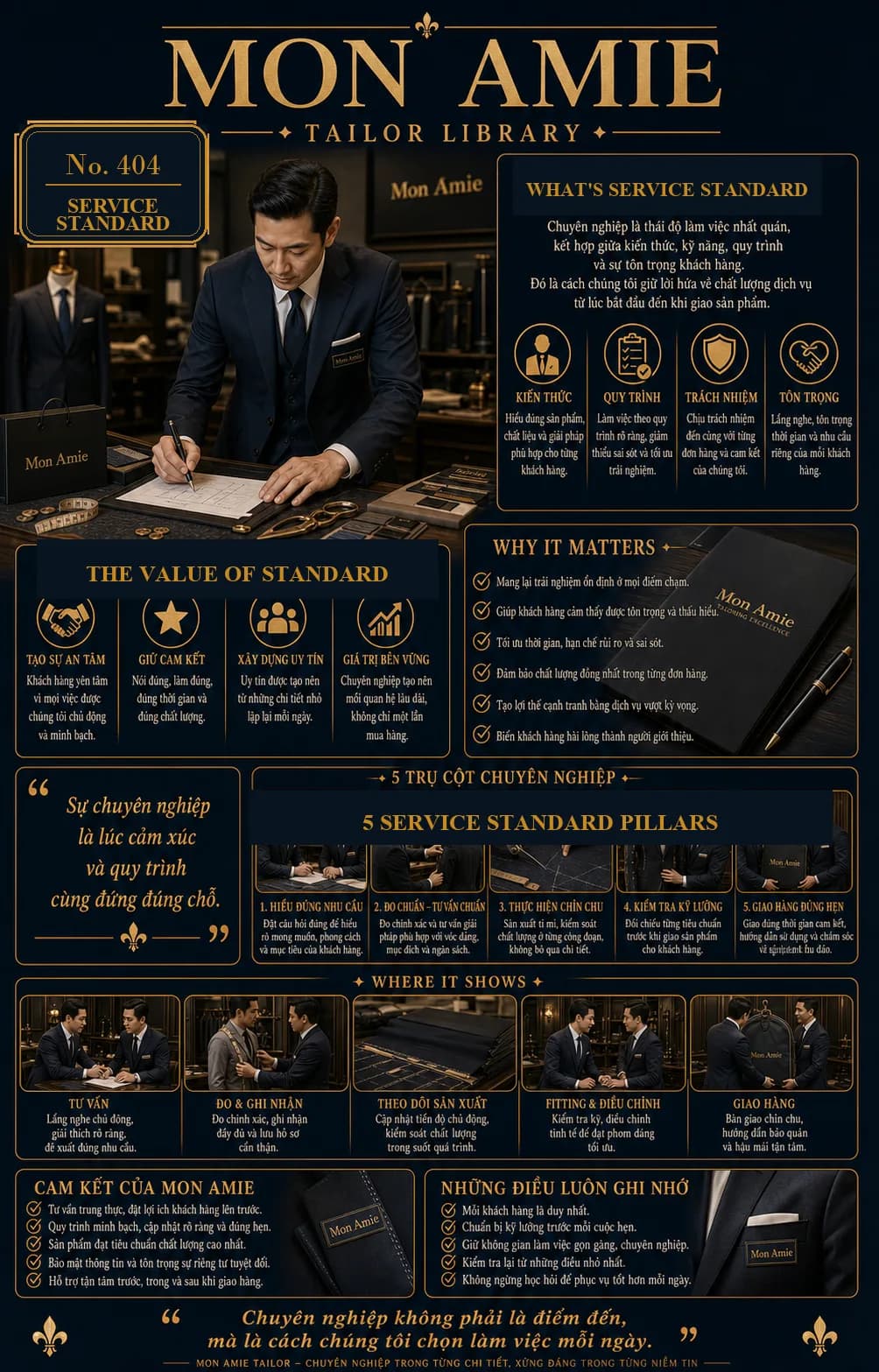 Poster Tailor Library số 404 của Mon Amie về service standard: nghệ nhân ghi chép tỉ mỉ bên bàn làm việc
