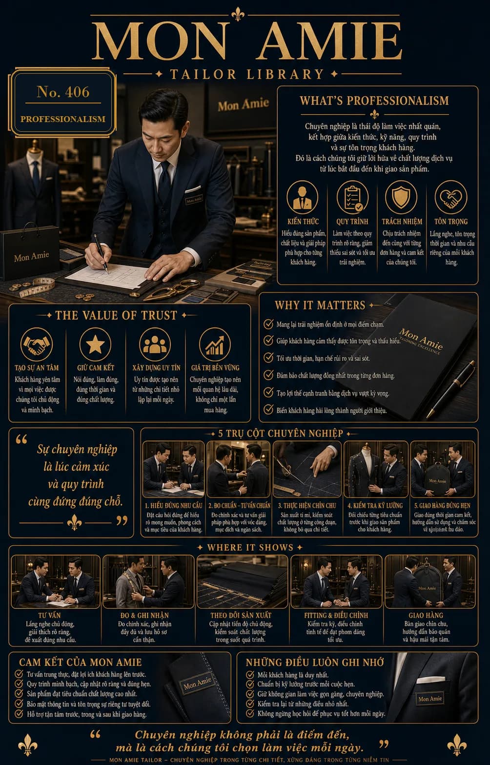 Poster Tailor Library số 406 của Mon Amie về Professionalism: nghệ nhân ghi chép số đo trên bàn làm việc