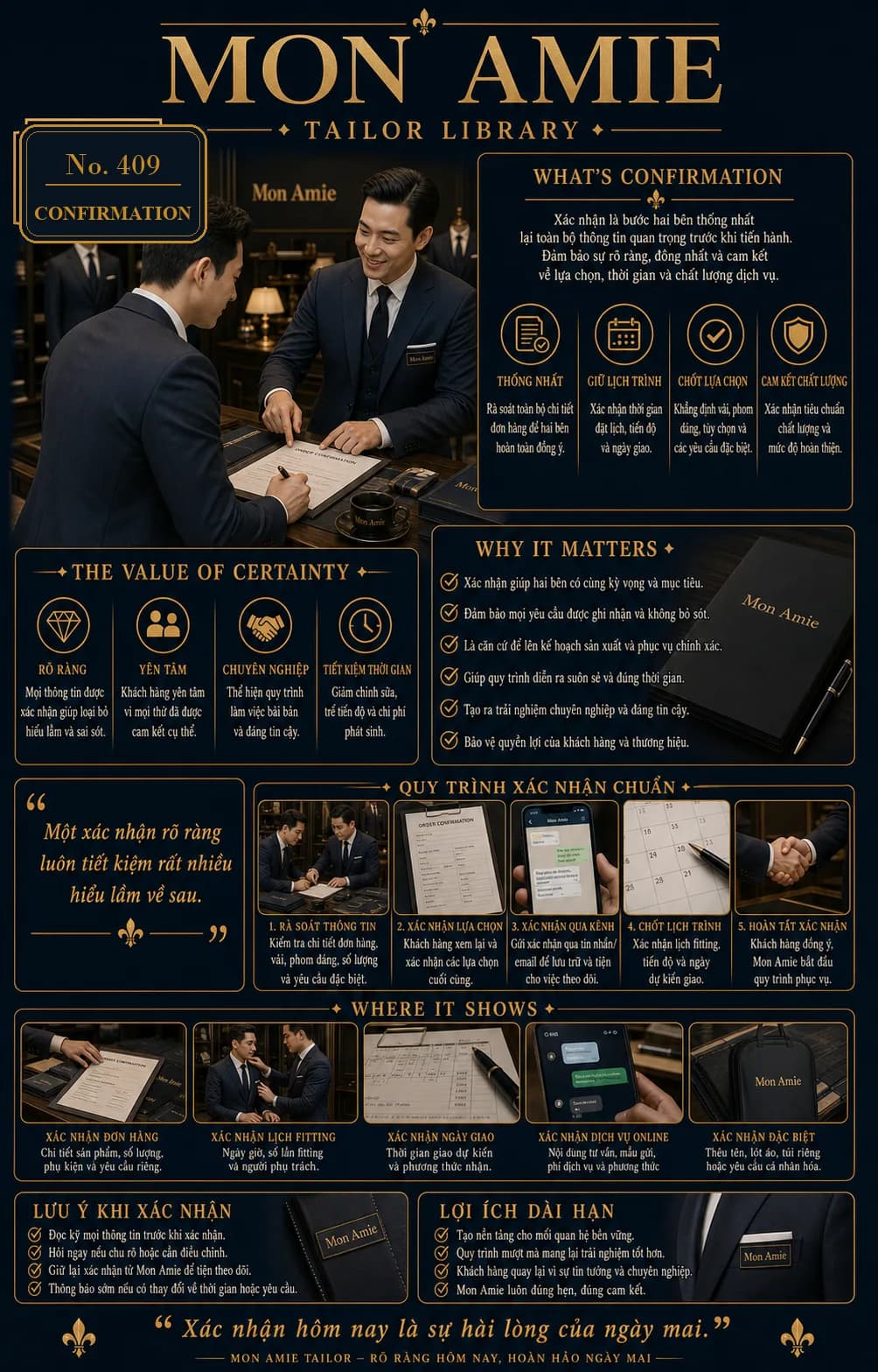 Poster Tailor Library số 409 của Mon Amie về Confirmation: khách hàng ký phiếu xác nhận đơn hàng may đo