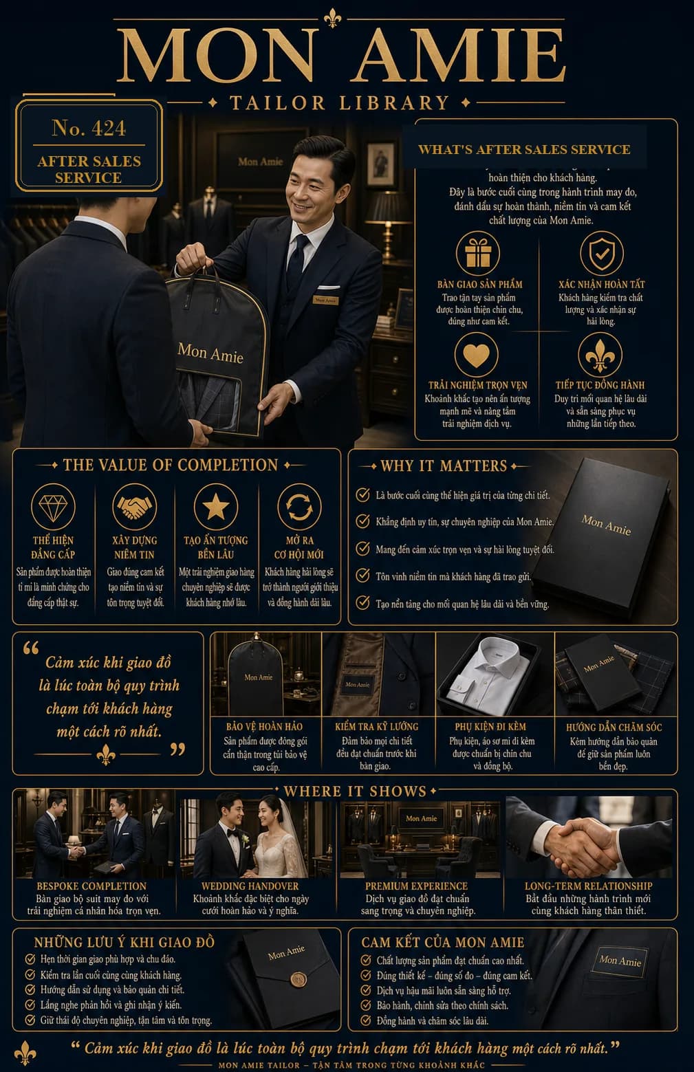Poster Tailor Library số 424 của Mon Amie về After Sales Service: nghệ nhân trao túi đựng suit cho khách hàng