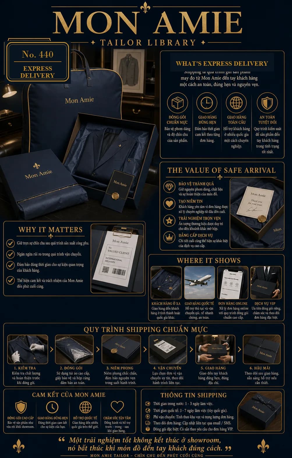 Poster Tailor Library số 440 của Mon Amie về express delivery: bộ vest xanh navy trong hộp và túi đựng suit cao cấp