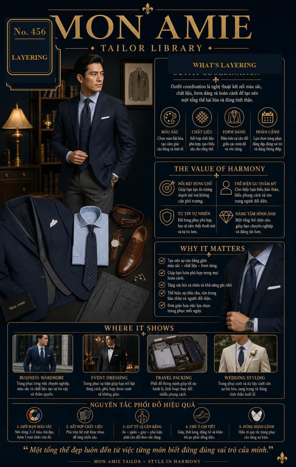 Poster Tailor Library số 456 của Mon Amie về layering: bốn trụ cột phối đồ, giá trị của sự hài hòa và năm nguyên tắc phối đồ hiệu quả