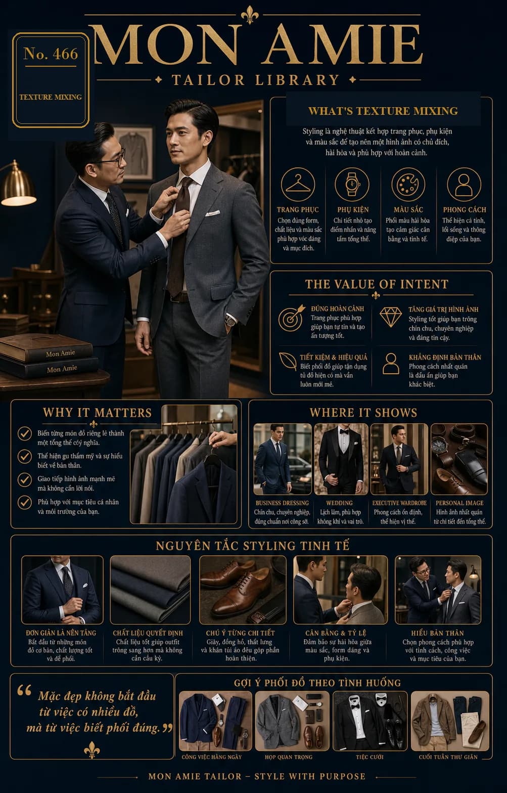 Poster Tailor Library số 466 của Mon Amie về Texture Mixing: nghệ thuật phối kết cấu vải trong styling trang phục nam